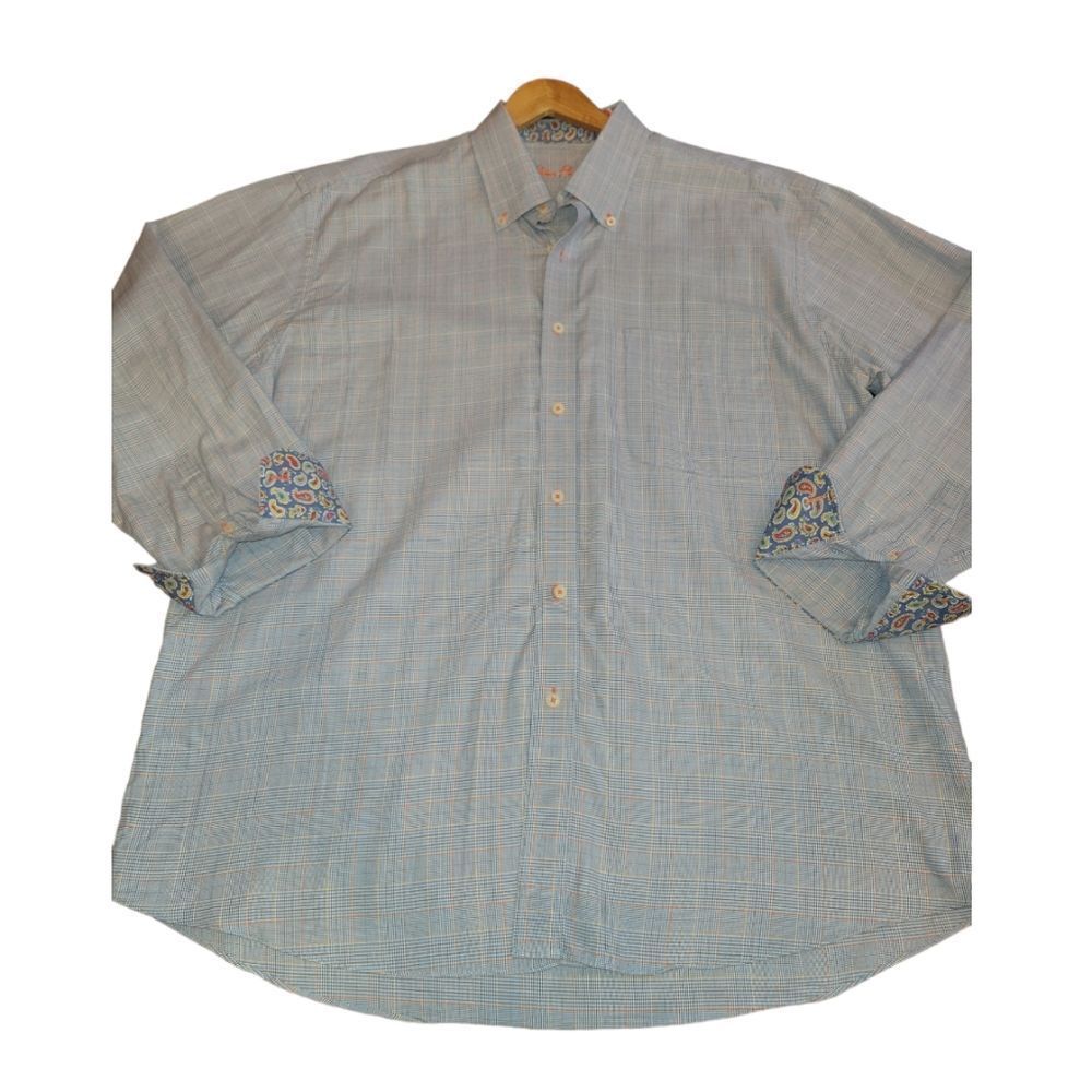 alan flusser BLUE plaid button down shirt paisley cuffs XL